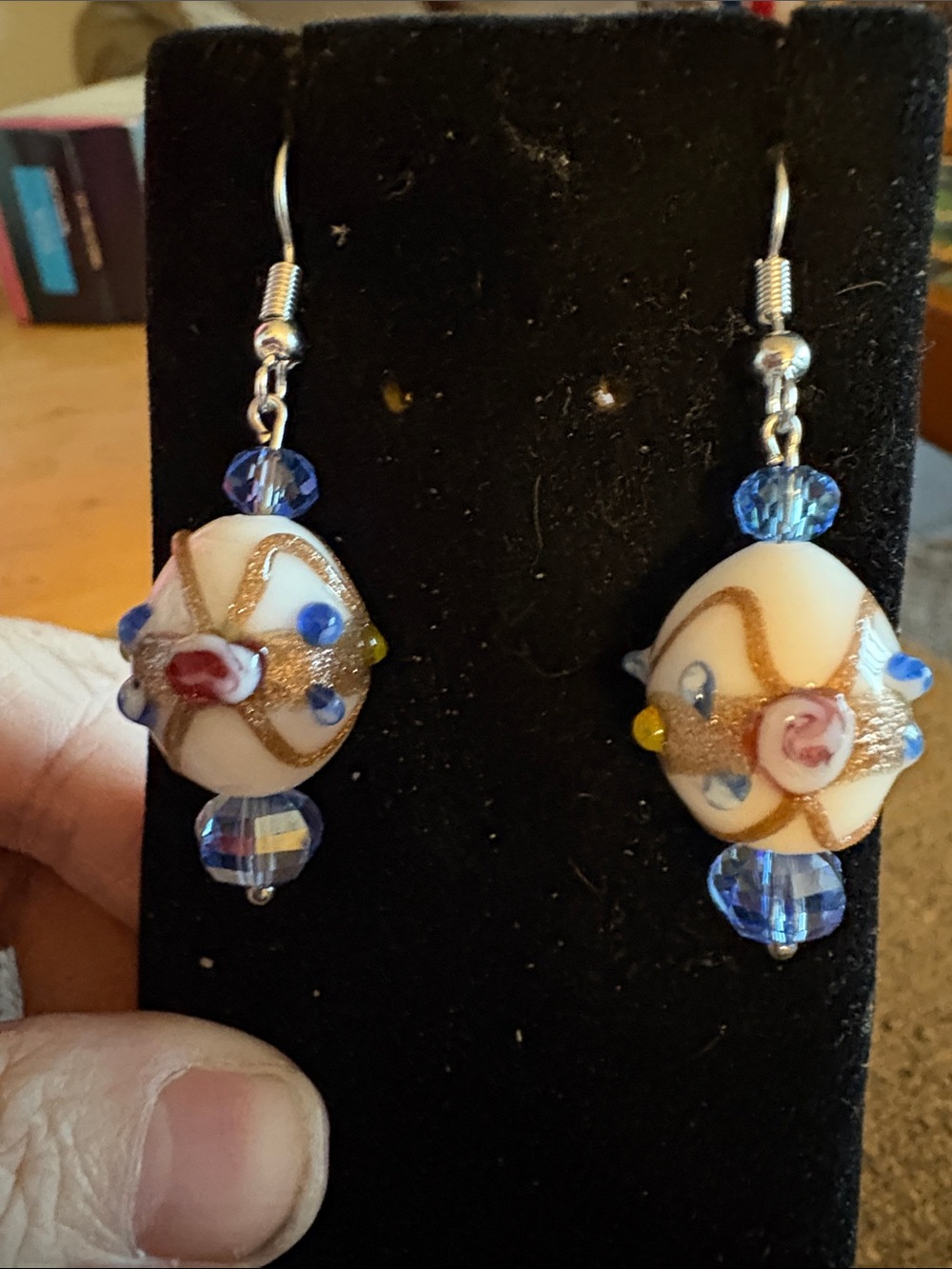 Hand Crafted Birthday Cake Glass Earrings with Blue AB Crystal Accents